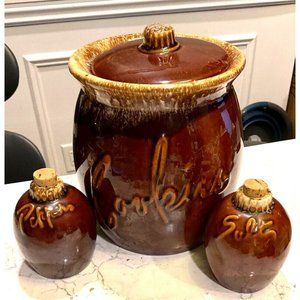 Vintage Hull Pottery Brown Drip Glazed Cookie Jar and Salt and Pepper Set